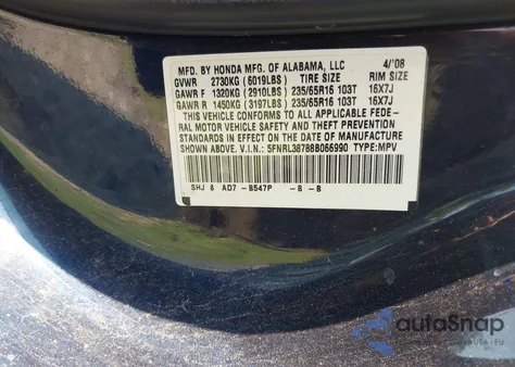 2008 Honda Odyssey Ex-L z USA, uszkodzony, nr VIN 5FNRL38788B066990